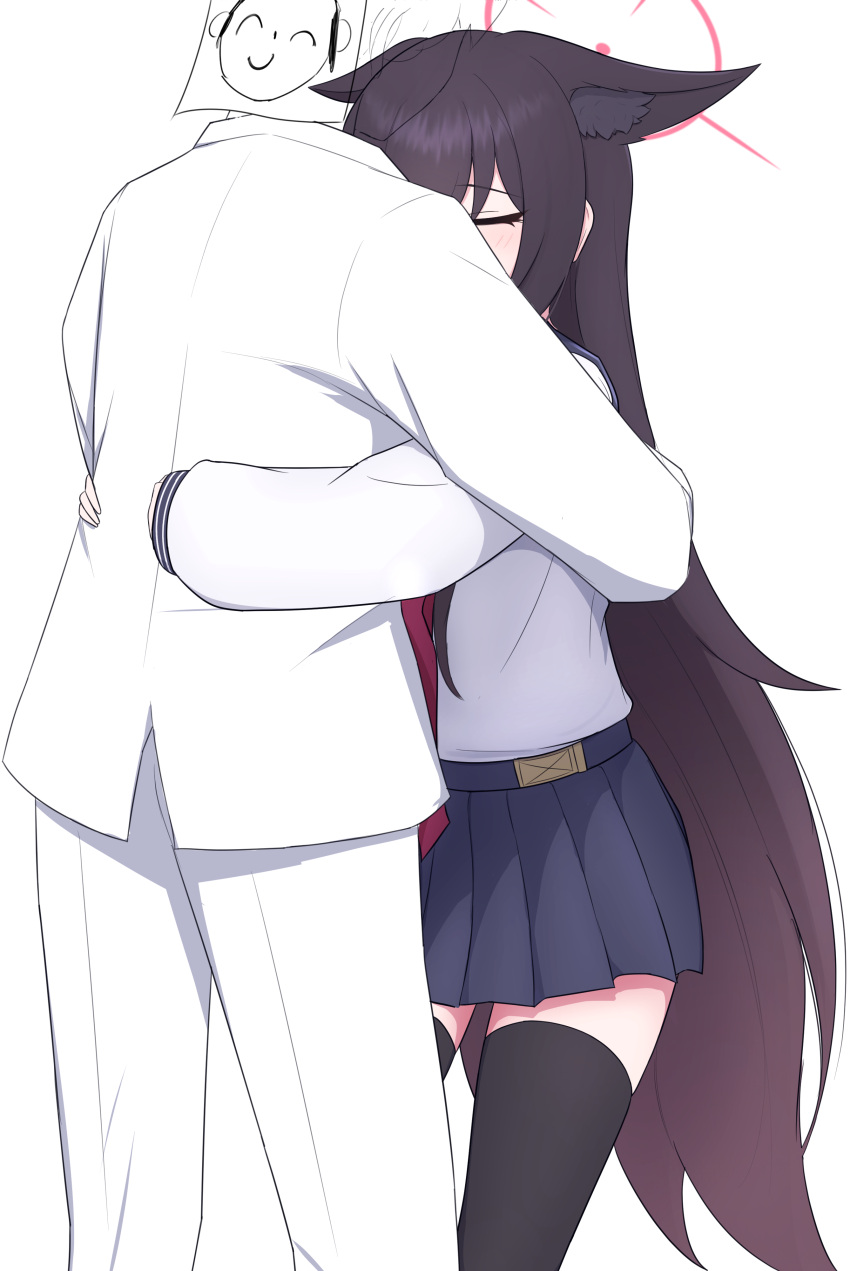 1boy, 1girl, absurdres, animal_ear_fluff, animal_ears, asuparuch, black_skirt, black_thighhighs