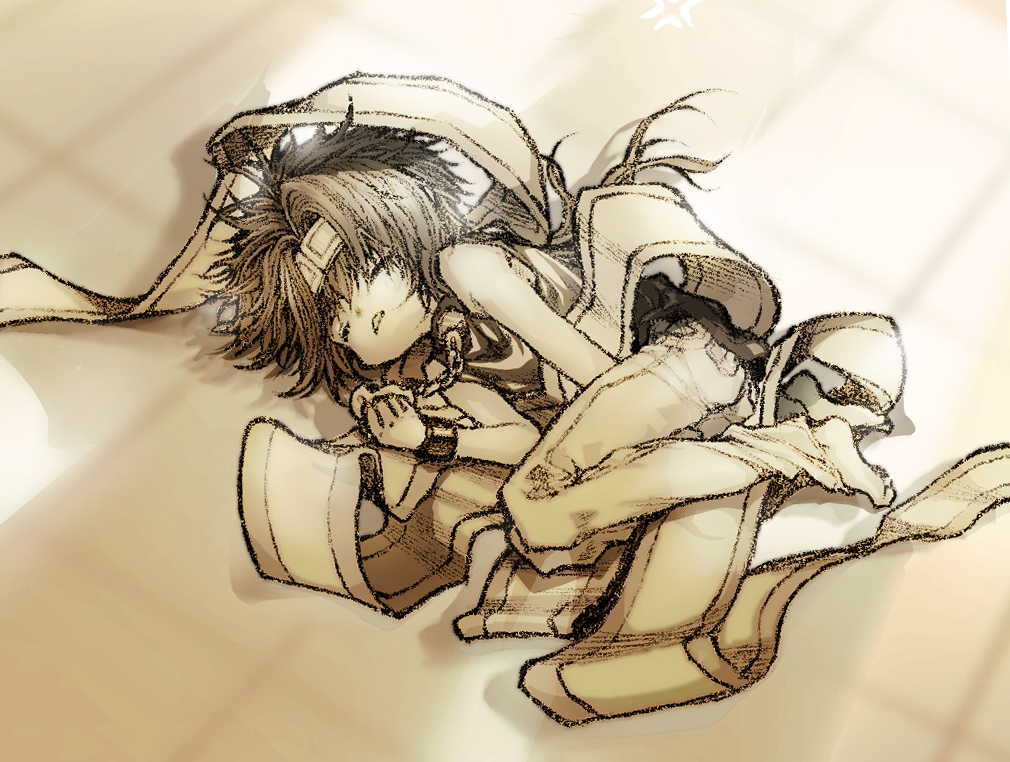 1boy, barefoot, closed_eyes, commentary_request, cuffs, fetal_position, full_body, headband, long_hair, lying, male_focus, monochrome, on_side, pants, parted_lips, rune_(r_13mm_persec), saiyuki, shackles, shirt, sleeveless, sleeveless_shirt, solo, son_goku_(saiyuki)