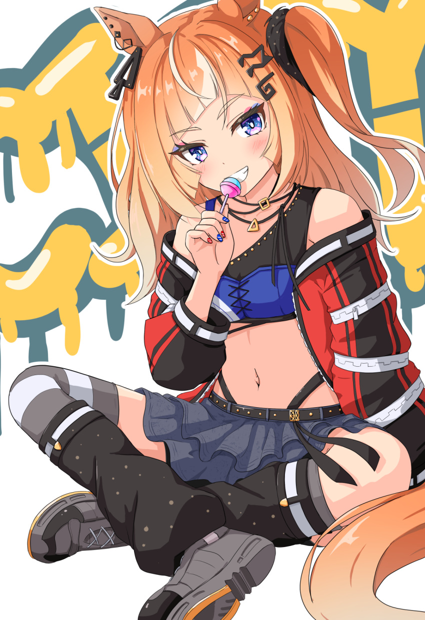 1girl, animal_ears, bare_shoulders, black_socks, black_thighhighs, blue_eyes, blue_skirt, blush