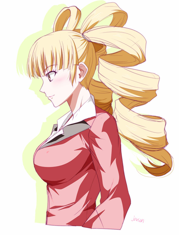1girl, ao_no_kiseki, artist_name, blonde_hair, blunt_bangs, breasts, commentary_request, drill_hair