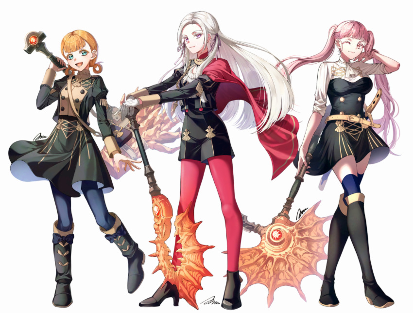 3girls, a_(asan_a_aa), absurdres, annette_fantine_dominic, aqua_eyes, ascot, axe, belt, black_boots, black_jacket, black_pantyhose, black_skirt, blue_thighhighs, boots, breasts, buttons, cape, closed_mouth, commentary, edelgard_von_hresvelg, fire_emblem, fire_emblem:_three_houses, freikugel_(fire_emblem), full_body, garreg_mach_monastery_uniform, gloves, hair_ribbon, hair_rings, hammer, hashtag-only_commentary, high_heel_boots, high_heels, highres, hilda_valentine_goneril, holding, holding_axe, holding_hammer, holding_weapon, jacket, long_hair, long_sleeves, looking_at_viewer, medium_breasts, multiple_girls, one_eye_closed, orange_hair, pantyhose, pink_eyes, pink_hair, purple_ribbon, red_cape, red_pantyhose, ribbon, short_hair, sidelocks, signature, skirt, sleeves_rolled_up, smile, solo, standing, thigh-highs, twintails, very_long_hair, violet_eyes, weapon, white_ascot, white_background, white_gloves, white_hair, yellow_belt