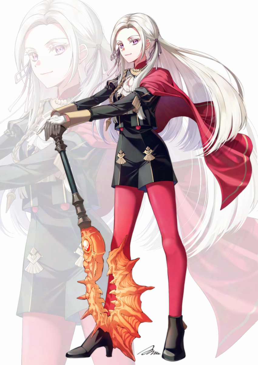 1girl, a_(asan_a_aa), absurdres, ascot, axe, black_boots, black_jacket, black_skirt