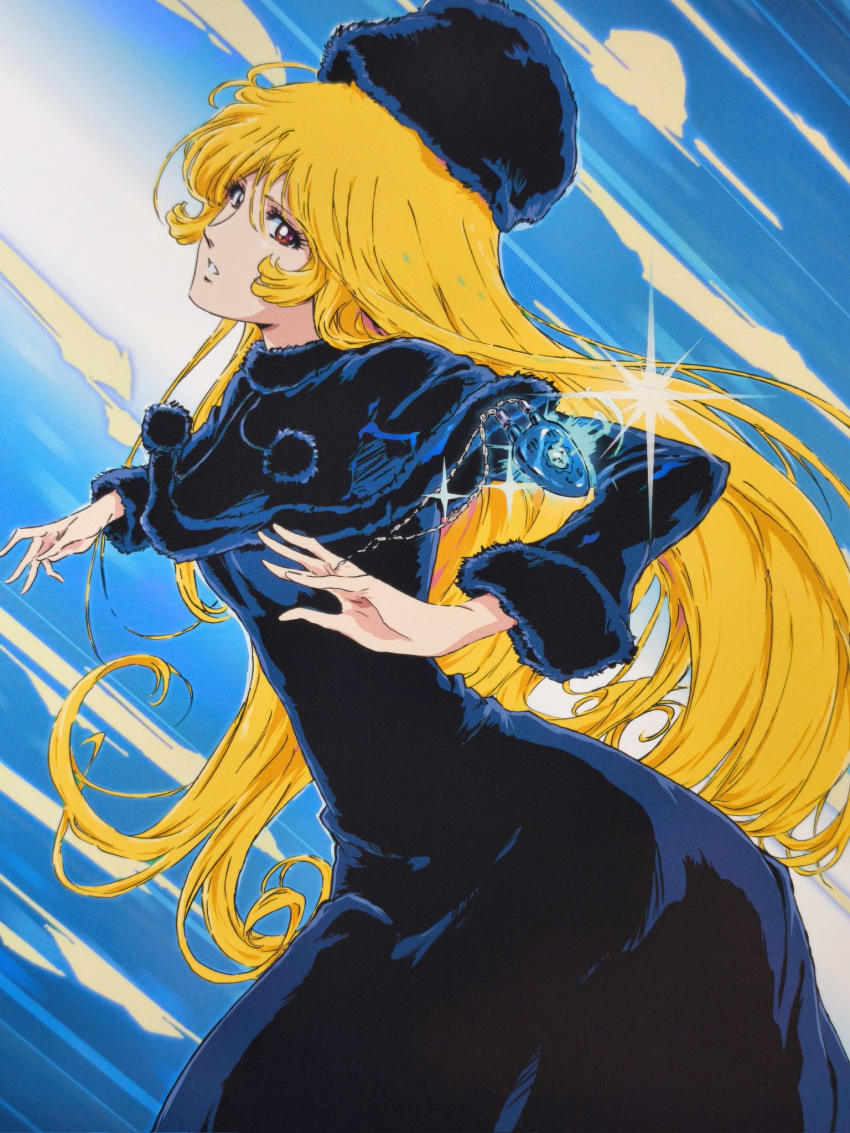 1girl, black_capelet, black_dress, black_hat, blonde_hair, capelet, commentary, cowboy_shot