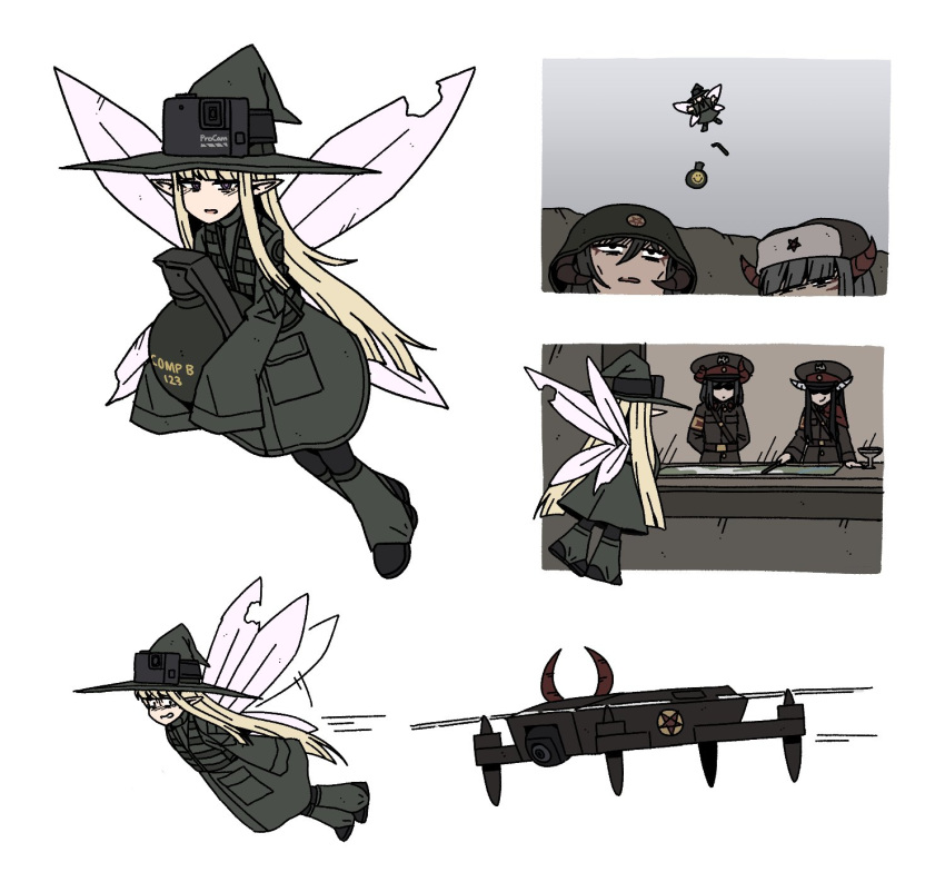 5girls, action_camera, black_hair, blonde_hair, broken_horn, camera, demon_girl, demon_horns