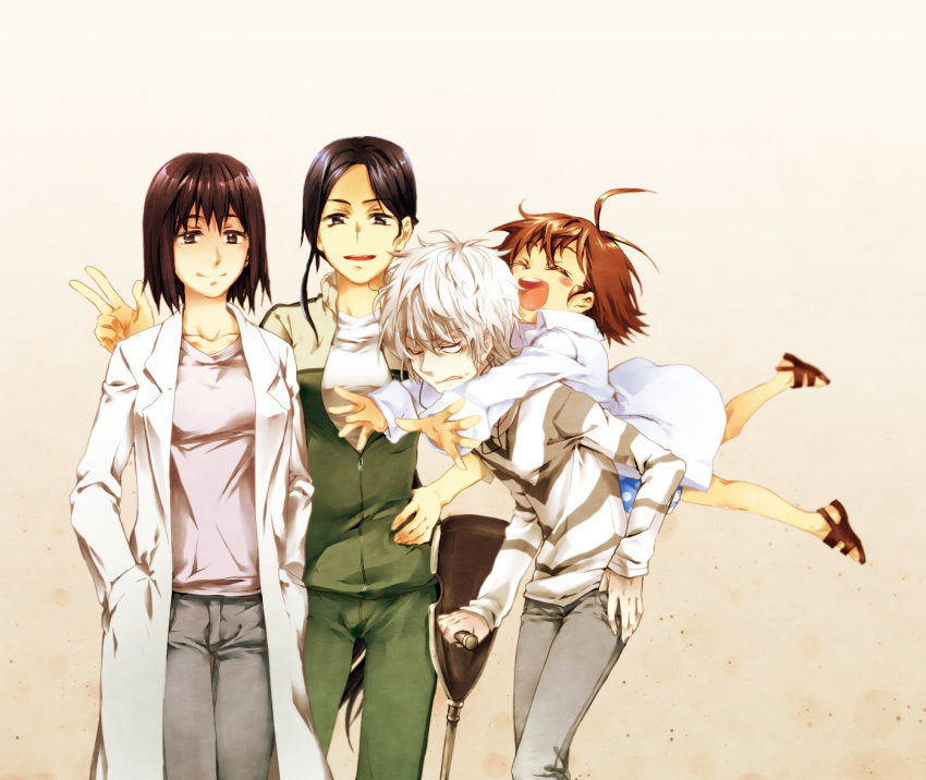 accelerator, accelerator_family, ahoge, black_hair, closed_eyes, crutch, eyes_closed, hands_in_pockets