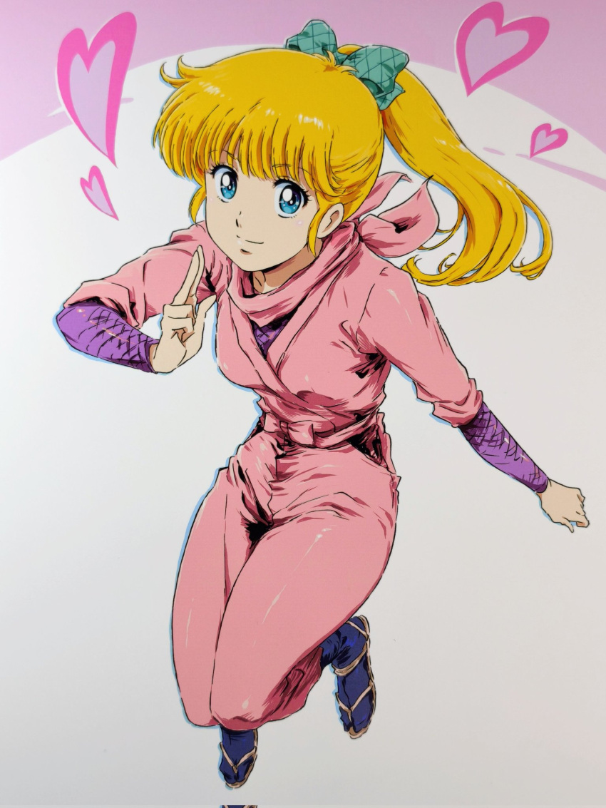 1girl, bandana, black_socks, blonde_hair, blue_eyes, bow, commentary_request, fishnet_sleeves