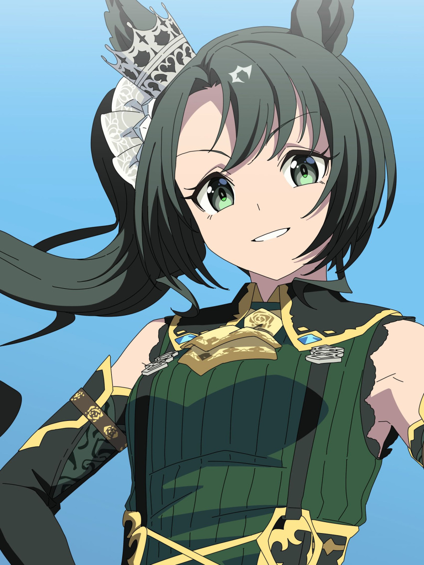 1girl, animal_ears, ascot, baasaku_(balasaku24), black_gloves, black_hair, black_suspenders, blue_background