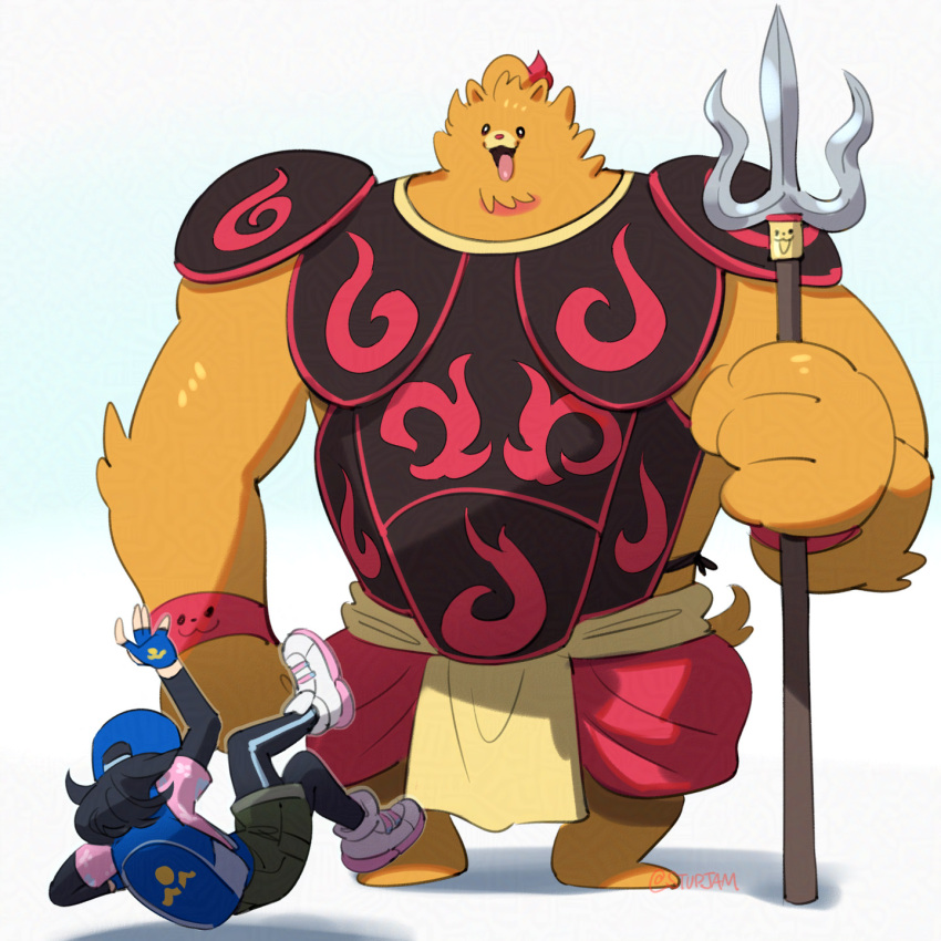 1boy, 1girl, armor, artist_name, backpack, bag, baseball_cap, black_gloves