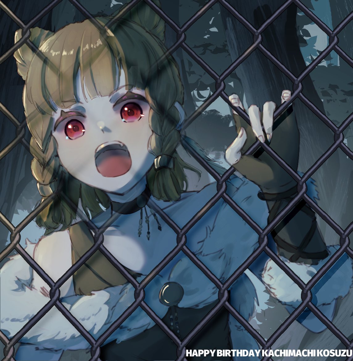 1girl, amane61115, bare_shoulders, black_choker, blunt_bangs, braid, braided_sidelocks, brown_hair, brown_shirt, chain-link_fence, character_name, choker, collarbone, commentary_request, cone_hair_bun, double_bun, fence, hair_bun, happy_birthday, kachimachi_kosuzu, link!_like!_love_live!, looking_at_viewer, love_live!, open_mouth, outdoors, reboot_(love_live!), red_eyes, shirt, sleeveless, sleeveless_shirt, solo, v-shaped_eyebrows, virtual_youtuber