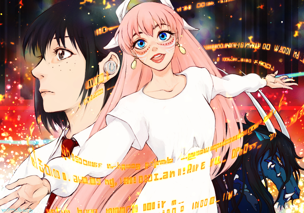 1boy, 2girls, belle_(ryuu_to_sobakasu_no_hime), black_fur, black_hair, blue_eyes, commentary_request, d-maker