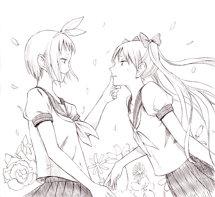 bow, chin_grab, flower, grin, hair_bow, hair_ribbon, hiiragi_kagami, hiiragi_tsukasa