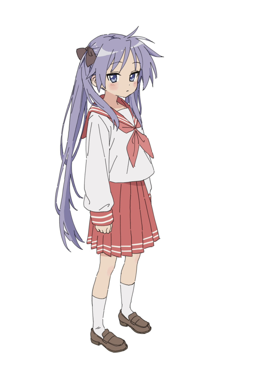 1girl, arms_at_sides, black_ribbon, blush, brown_shoes, closed_mouth, commentary_request, full_body