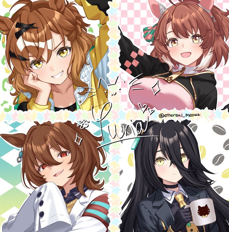 4girls, agnes_tachyon_(tach-nology)_(umamusume), agnes_tachyon_(umamusume), ahoge, animal_ears, black_choker, black_coat, black_gloves