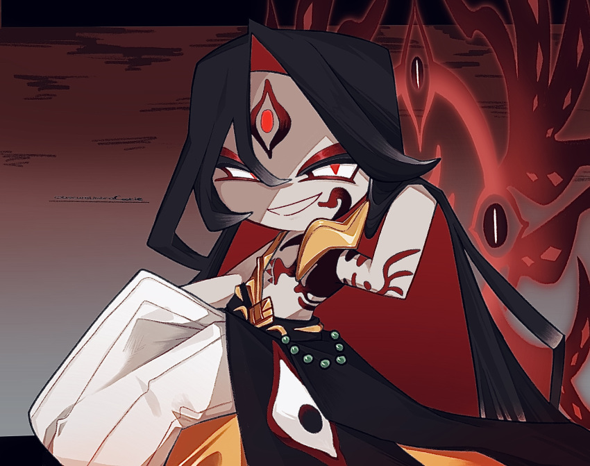 1other, black_hair, body_markings, commentary_request, cookie_run, cookie_run:_ovenbreak, eyeshadow, highres, kyousin_sya69, makeup, obscure_umbra_cookie, red_eyes, red_eyeshadow, smile, tattoo