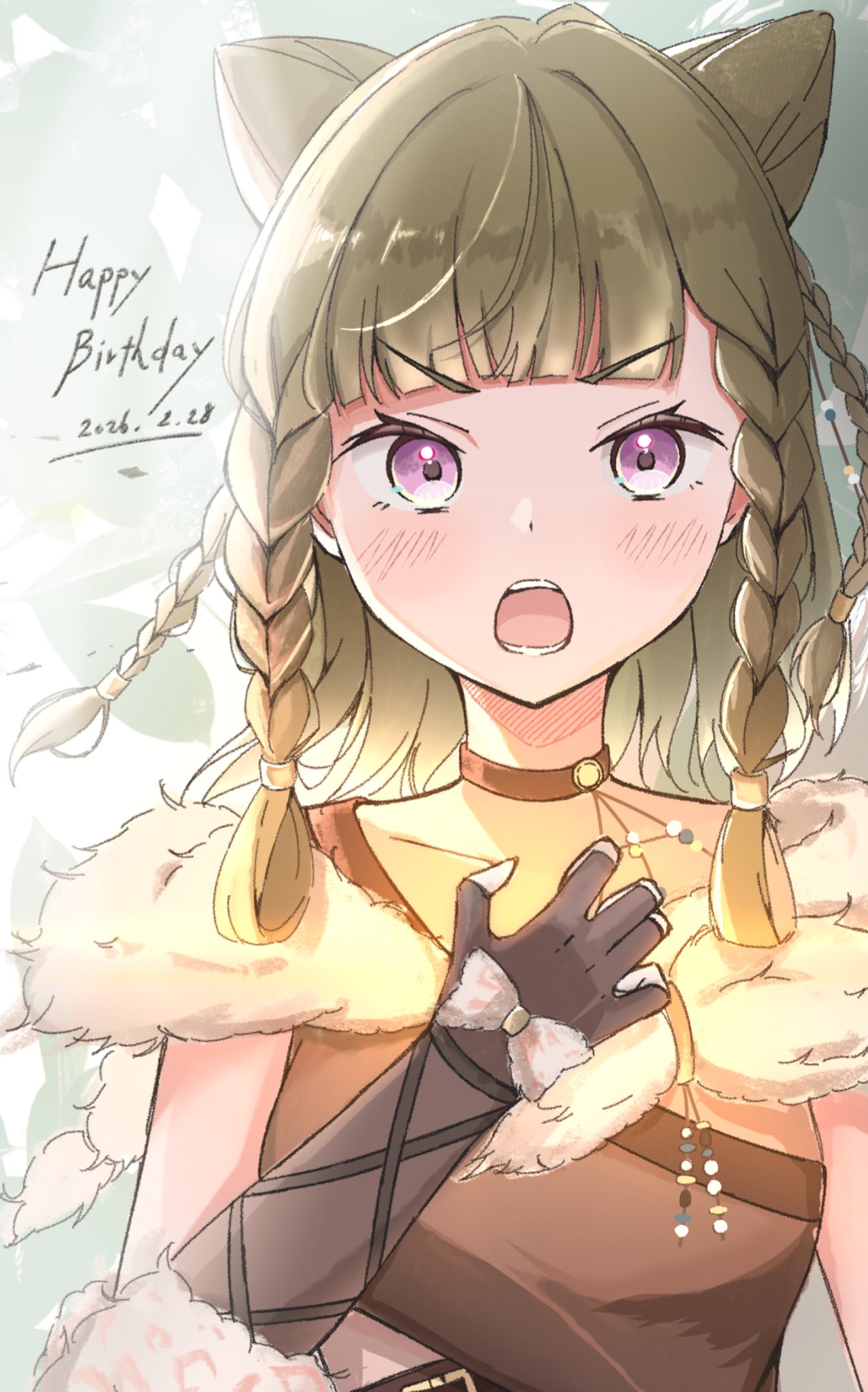 1girl, black_gloves, braid, braided_sidelocks, brown_choker, brown_hair, brown_shirt, choker