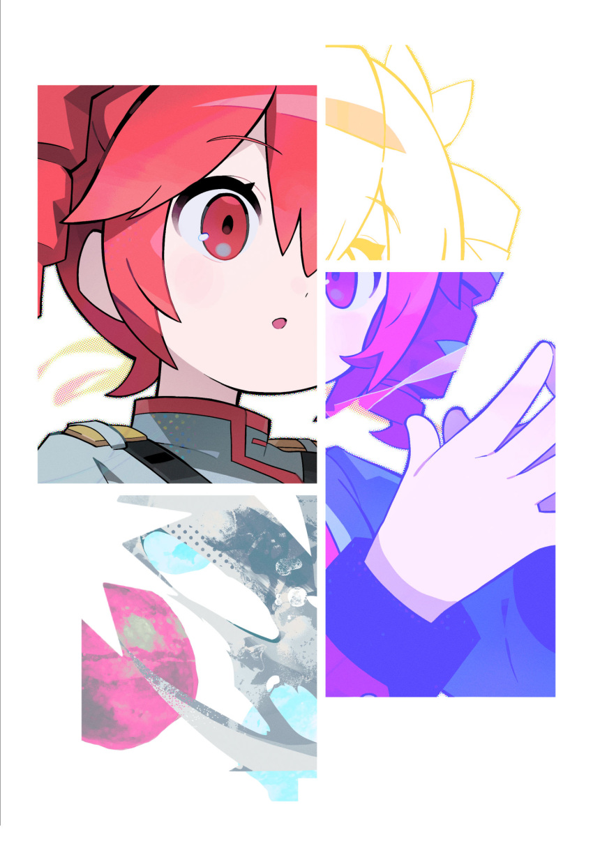 1girl, :o, drill_hair, halftone, halftone_outline, highres, jacket, kasane_teto, kasane_teto_(sv), long_sleeves, morizo_(morizoshop), outline, red_eyes, red_hair, short_hair, sidelocks, solo, steepled_fingers, synthesizer_v, twin_drills, twintails, upper_body, utau