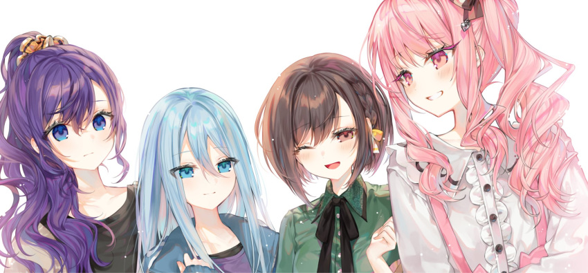 1other, 25-ji_nightcord_de._(project_sekai), 3girls, :d, ;d, aimi_(mimi_nii2), akiyama_mizuki, arms_at_sides