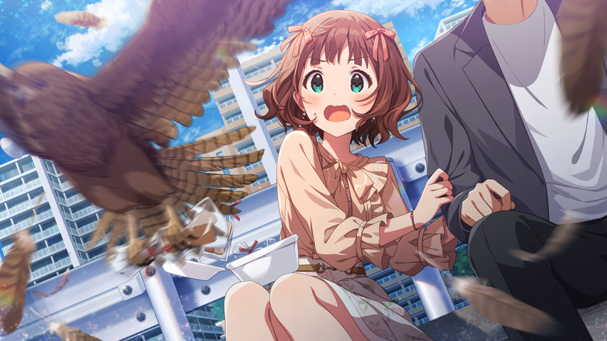 1boy, 1girl, amami_haruka, bird, black_pants, bow, brown_bird, brown_hair