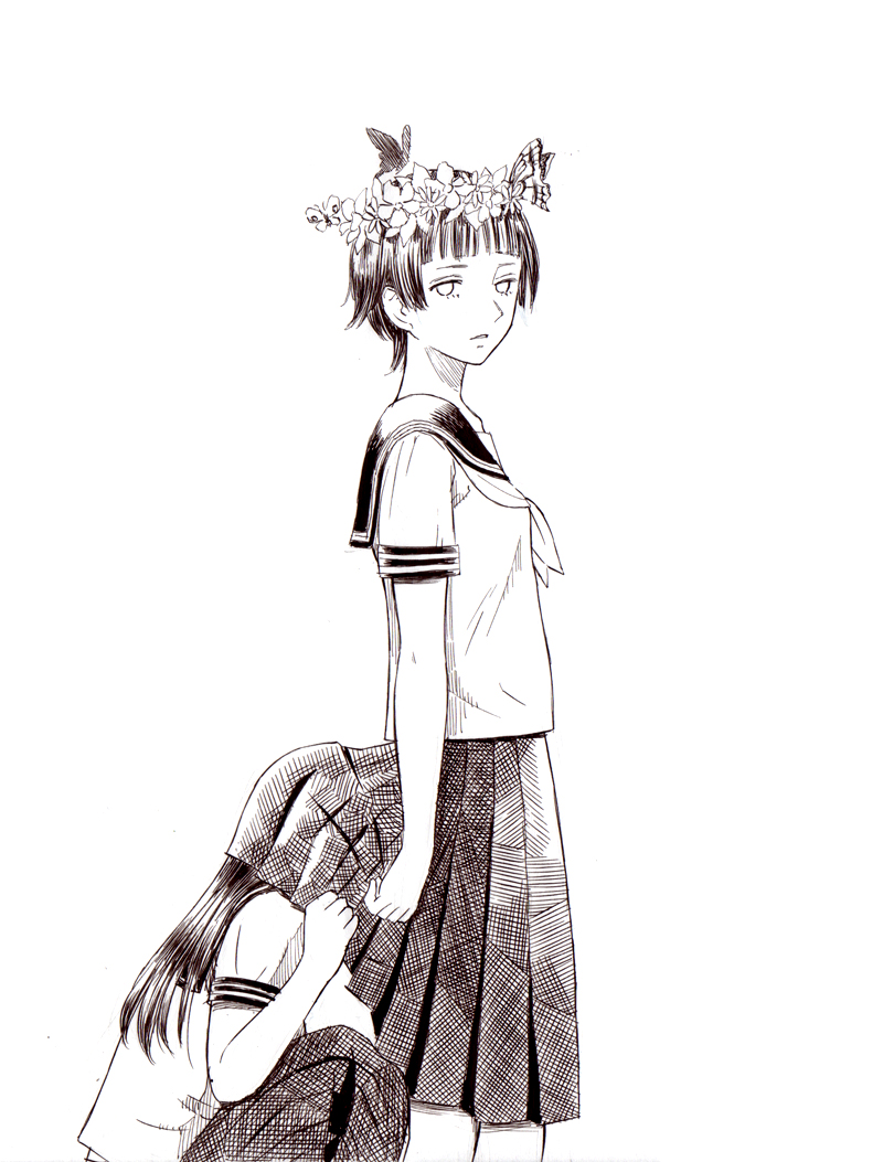 butterfly, flat_gaze, flower, head_wreath, inumoto, long_hair, monochrome, multiple_girls