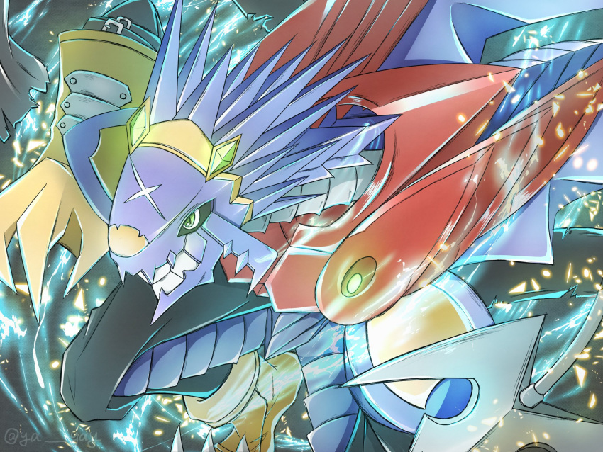armor, arresterdramon, commentary_request, digimon, digimon_(creature), dragon, electricity, gloves