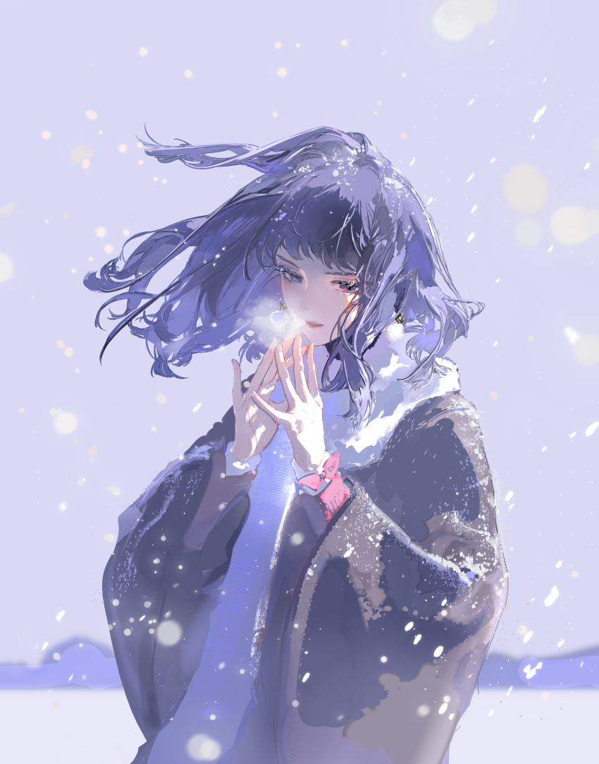 1girl, absurdres, black_hair, blue_eyes, blue_hair, blurry, blush, bow