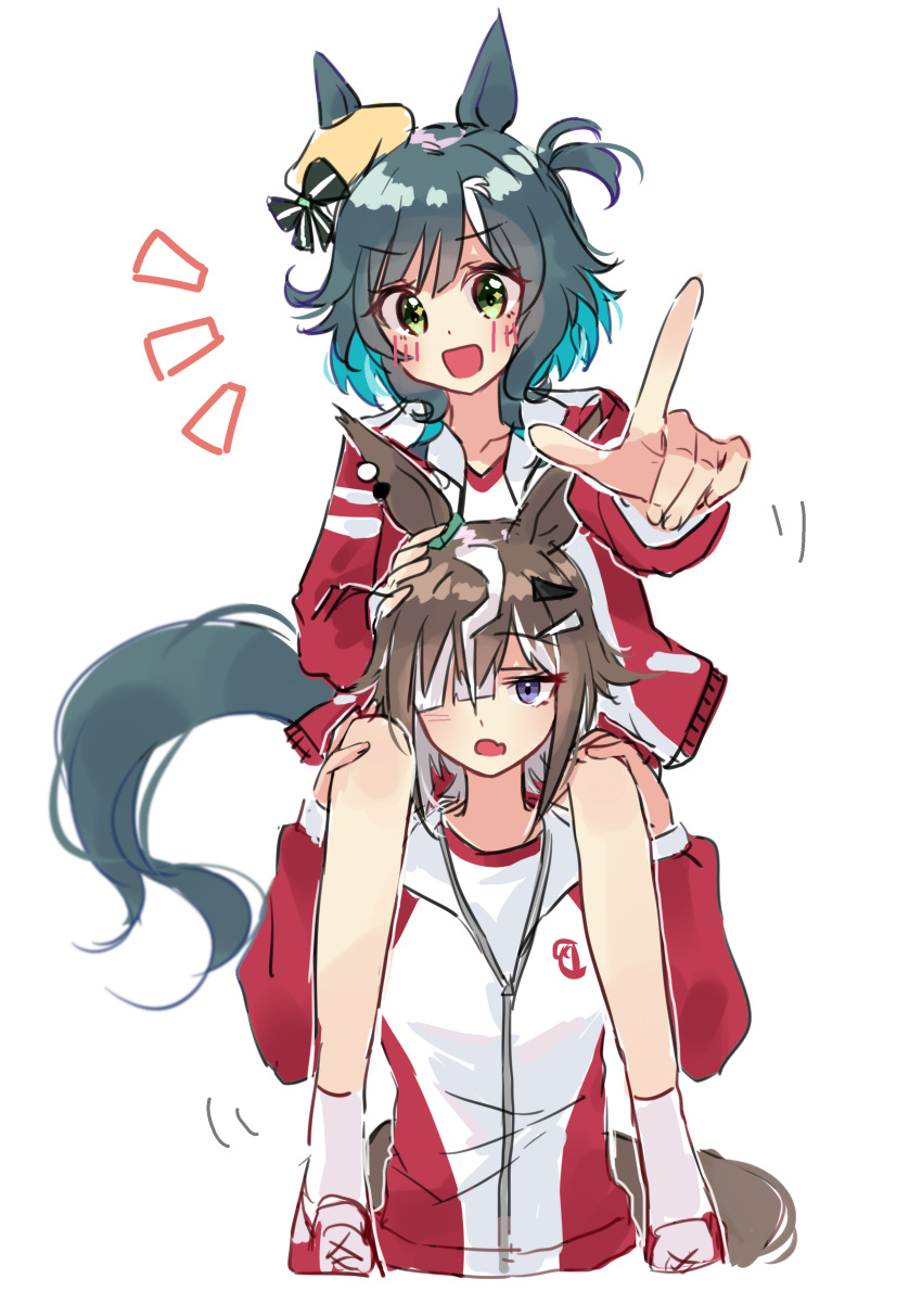 2girls, absurdres, ahoge, animal_ears, blue_eyes, blush, brown_hair, carrying