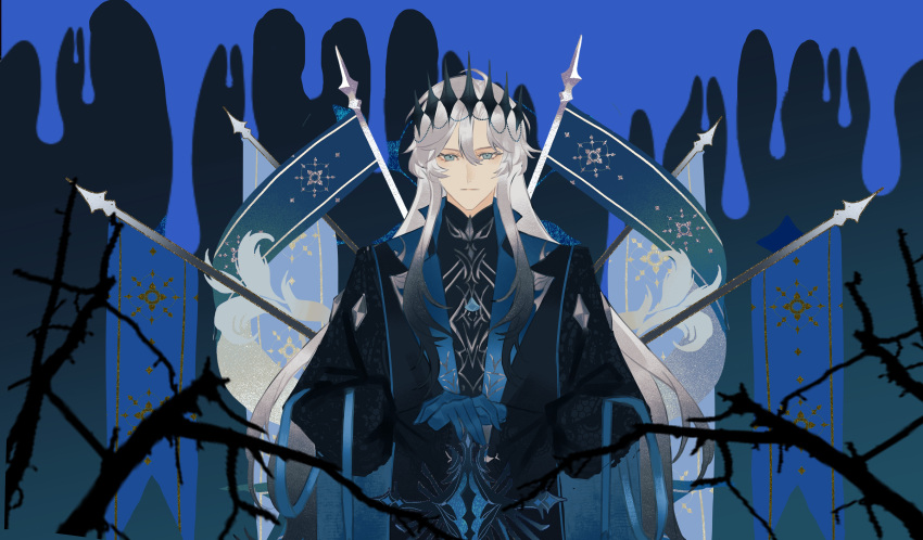 1boy, absurdres, aqua_eyes, black_coat, black_hair, black_shirt, blue_background, blue_cape