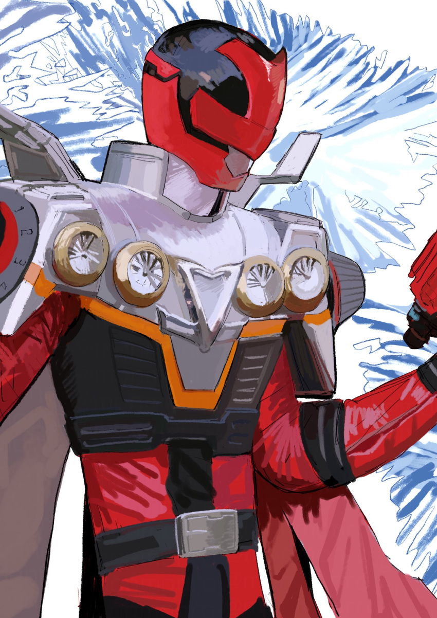 1boy, armor, bodysuit, commentary, helmet, highres, kaitou_sentai_lupinranger_vs._keisatsu_sentai_patranger, lupinred