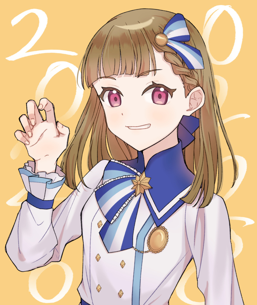 1girl, 365_days_(love_live!), blue_ribbon, brown_hair, buttons, claw_pose, commentary_request, double-breasted