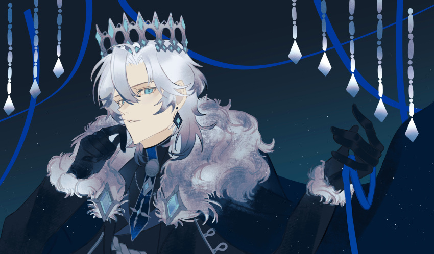 1boy, absurdres, black_cape, black_gloves, black_jacket, black_shirt, blue_background, blue_eyes, blue_gem, blue_necktie, blue_ribbon, cape, chinese_commentary, colored_tips, curtained_hair, diamond_earrings, earrings, fur-trimmed_cape, fur-trimmed_sleeves, fur_trim, gem, gloves, gradient_background, hair_between_eyes, hand_to_own_mouth, highres, holding, holding_ribbon, jacket, jewelry, lars_rorschach, lars_rorschach_(god_forsaken_land), light_particles, long_sleeves, looking_at_viewer, lovebrush_chronicles, male_focus, medium_hair, mobile, multicolored_hair, necktie, official_alternate_hair_color, parted_lips, pointed_crown, qiong_xiang_prayer, ribbon, shirt, sideways_glance, solo, upper_body, white_hair