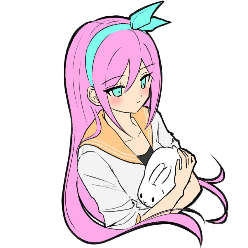 1girl, animal, aqua_eyes, aqua_hairband, aubrey_(faraway)_(omori), aubrey_(omori), bare_arms, black_shirt