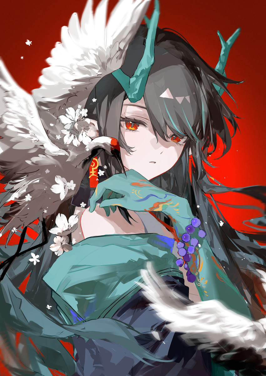 1girl, absurdres, arknights, bead_bracelet, beads, bird, black_hair, bracelet