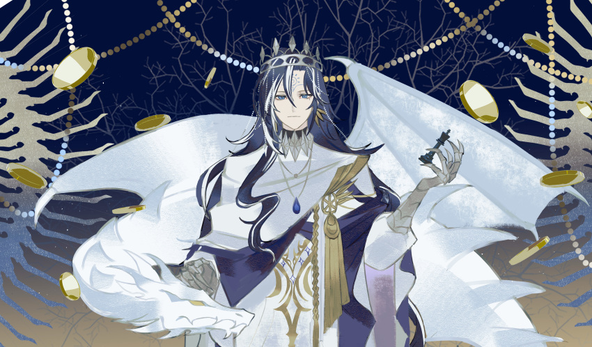 1boy, absurdres, aiguillette, bare_tree, beads, blue_background, blue_eyes, blue_hair