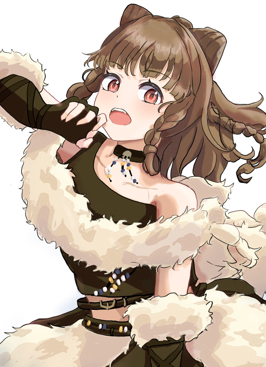 1girl, absurdres, bare_shoulders, black_gloves, black_shirt, braid, braided_sidelocks, brown_hair