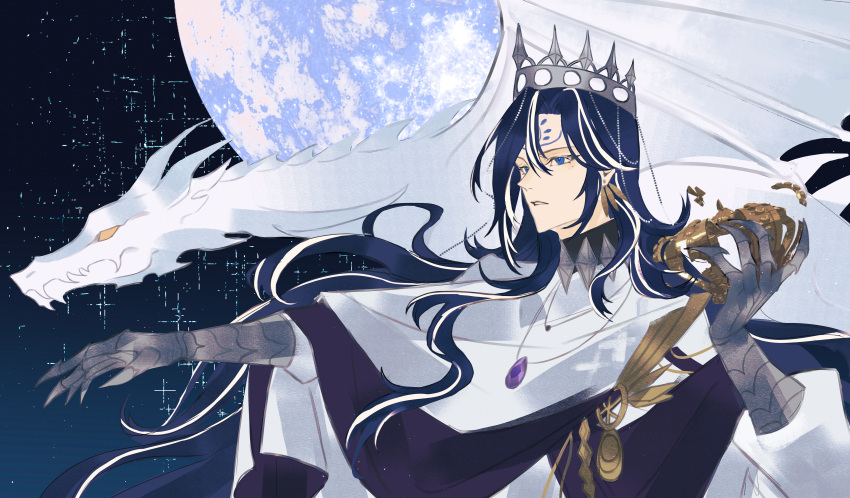 1boy, absurdres, arched_crown, blue_eyes, blue_hair, broken, broken_crown, chinese_commentary