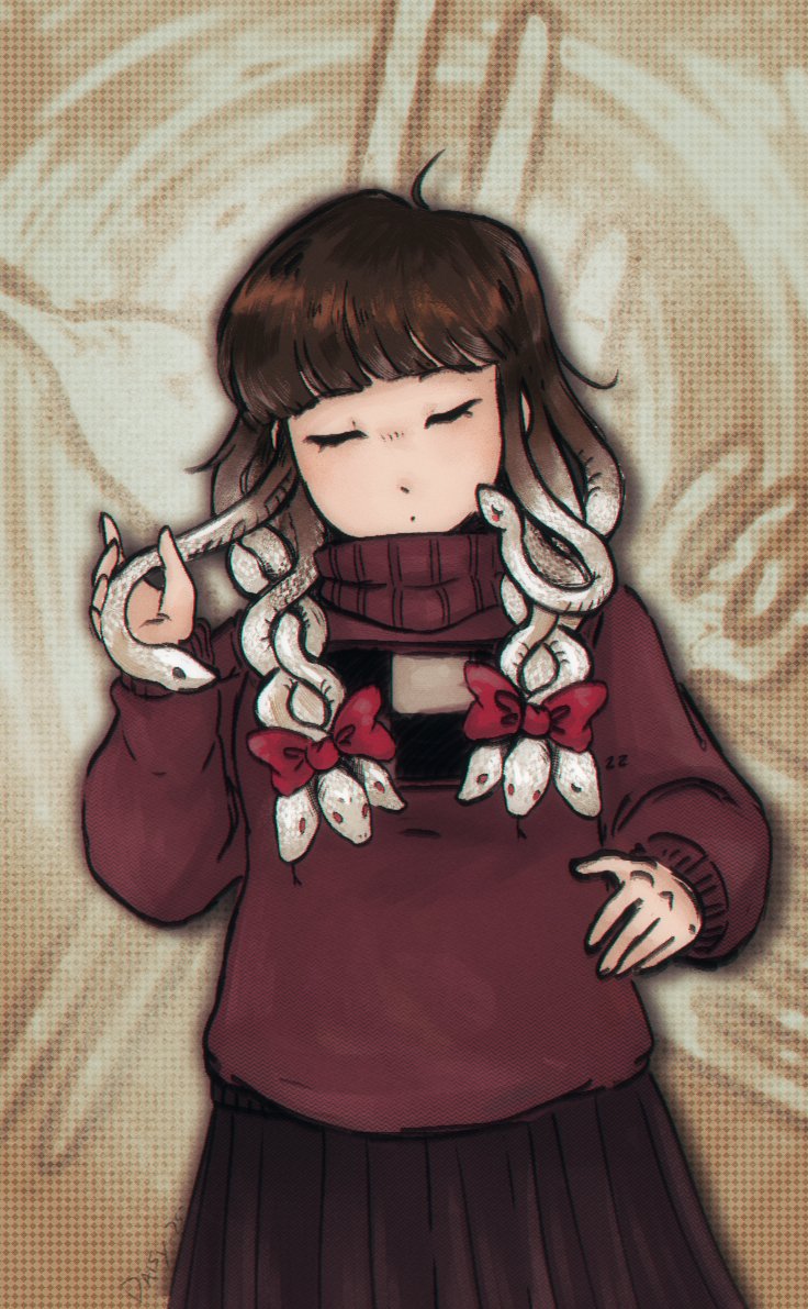 1girl, braid, brown_hair, chinese_zodiac, closed_eyes, closed_mouth, commentary, dais196, english_commentary, expressionless, high_collar, holding, holding_own_hair, long_hair, long_sleeves, madotsuki, skirt, snake, snake_hair, solo, sweater, turtleneck, turtleneck_sweater, twin_braids, year_of_the_snake, yume_nikki