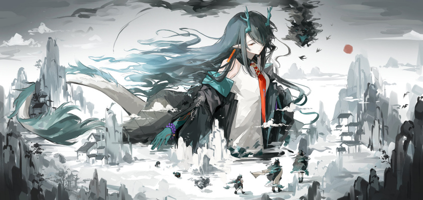 1girl, arknights, bead_bracelet, beads, black_hair, bracelet, chinese_commentary, colored_skin