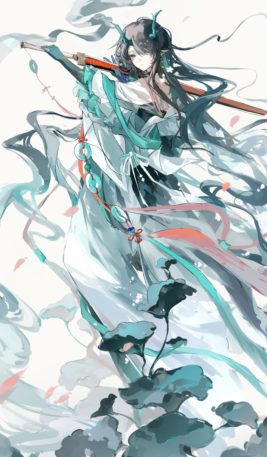 1girl, absurdres, arknights, bead_bracelet, beads, black_hair, bracelet, chinese_commentary