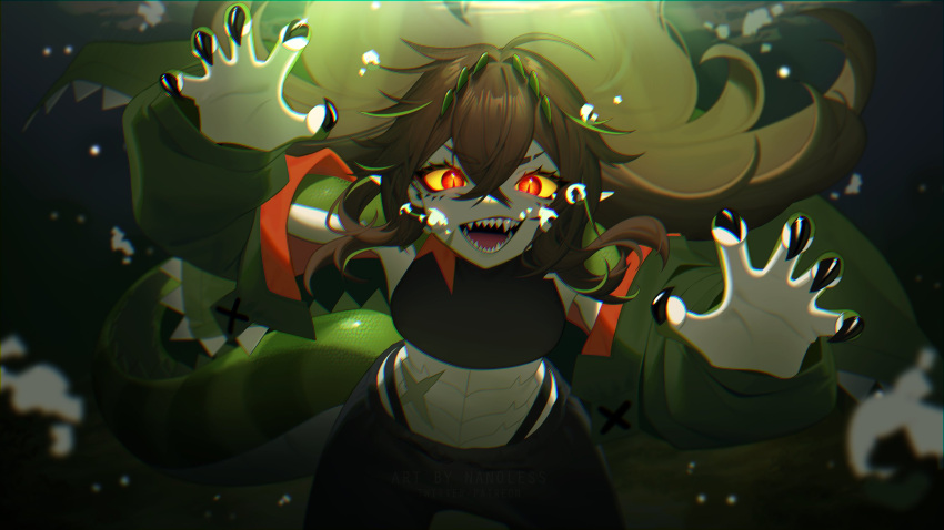1girl, air_bubble, beastiez, black_nails, black_pants, black_shirt, brown_hair, bubble, claw_pose, colored_sclera, crocodile_girl, crocodilian_tail, english_commentary, green_jacket, green_streaks, highres, jacket, kairyu_crocodile, long_hair, multicolored_hair, nanoless, open_mouth, pants, red_eyes, shirt, smile, solo, streaked_hair, tail, virtual_youtuber, yellow_sclera