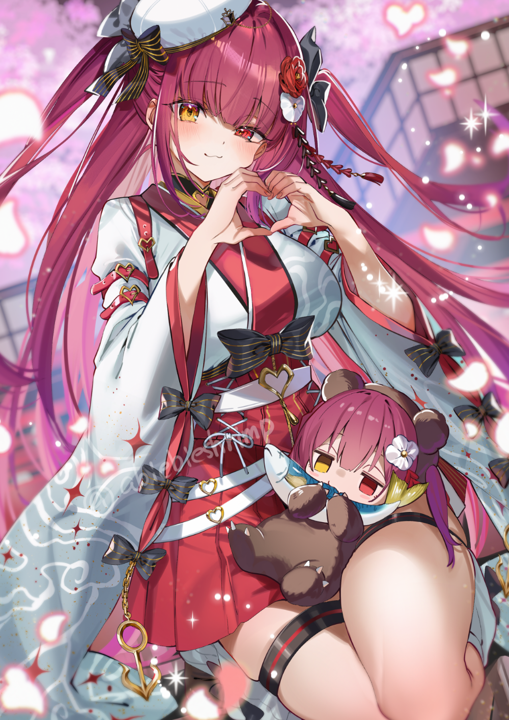 1girl, :3, artist_name, black_bow, bow, breasts, closed_mouth, commentary_request, fish, hair_ornament, hat, hat_bow, heart, heart_hands, heterochromia, highres, hololive, houshou_kumarine, houshou_marine, houshou_marine_(11th_costume), japanese_clothes, large_breasts, long_hair, red_eyes, red_hair, shuri_(84k), thigh_strap, twitter_username, two_side_up, watermark, white_hat, yellow_eyes