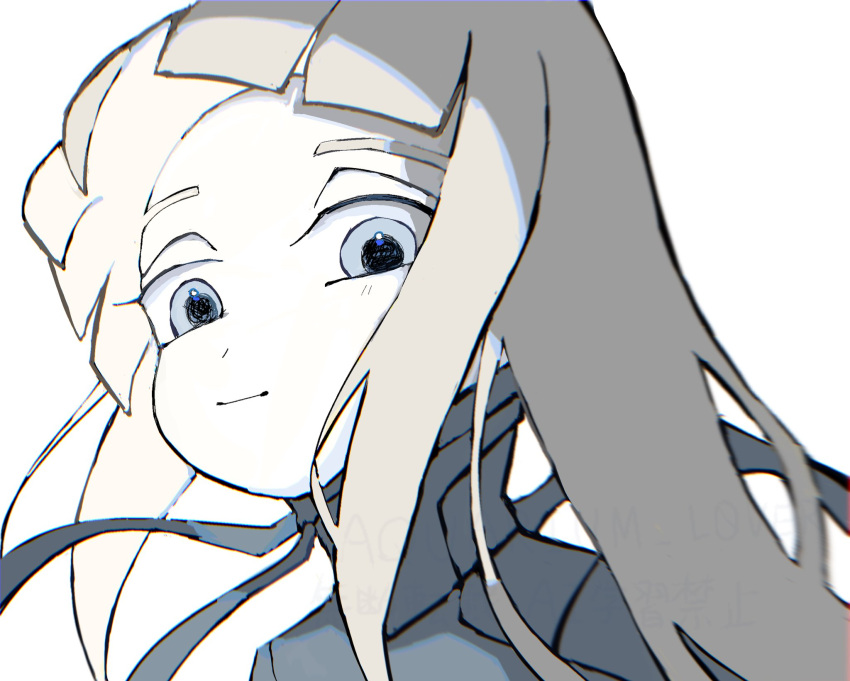 1girl, :|, aquarium_l0ver, blame!, blue_eyes, cibo, closed_mouth, from_side, highres, long_hair, looking_at_viewer, portrait, shadow, solo, white_background, white_hair