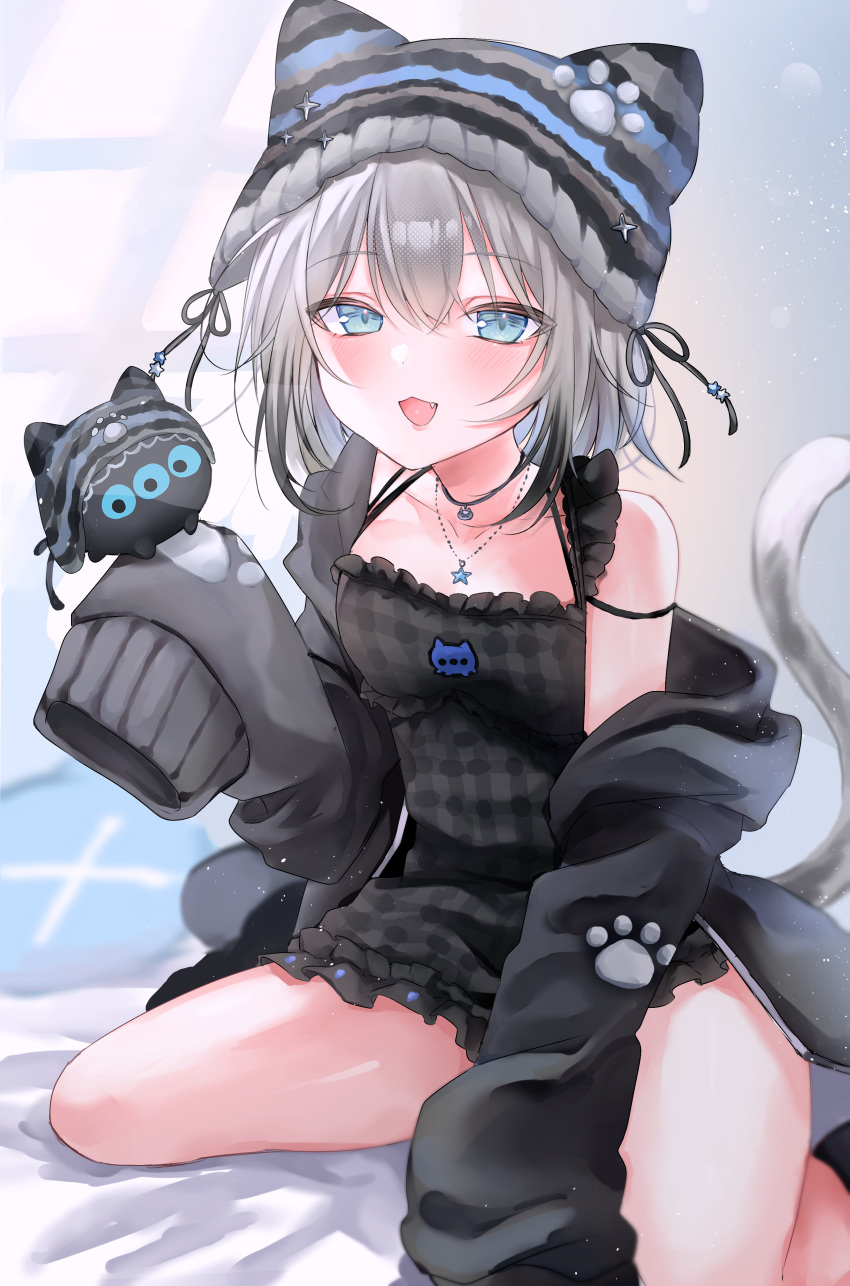 1girl, absurdres, animal_ears, animal_hat, bare_legs, bare_shoulders, beanie, black_dress