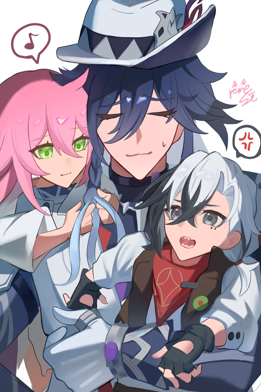 1girl, 2boys, absurdres, aged_down, anger_vein, ashveil_(honkai:_star_rail), black_streaks, boothill_(honkai:_star_rail), braiding_hair, closed_eyes, commentary_request, fedora, gloves, grey_eyes, hair_between_eyes, hairdressing, hat, highres, holding, honkai:_star_rail, honkai_(series), long_hair, long_sleeves, multicolored_hair, multiple_boys, musical_note, neckerchief, pink_hair, rappa_(honkai:_star_rail), reme_si, spoken_anger_vein, spoken_musical_note, streaked_hair, sweatdrop, turtleneck, white_hair