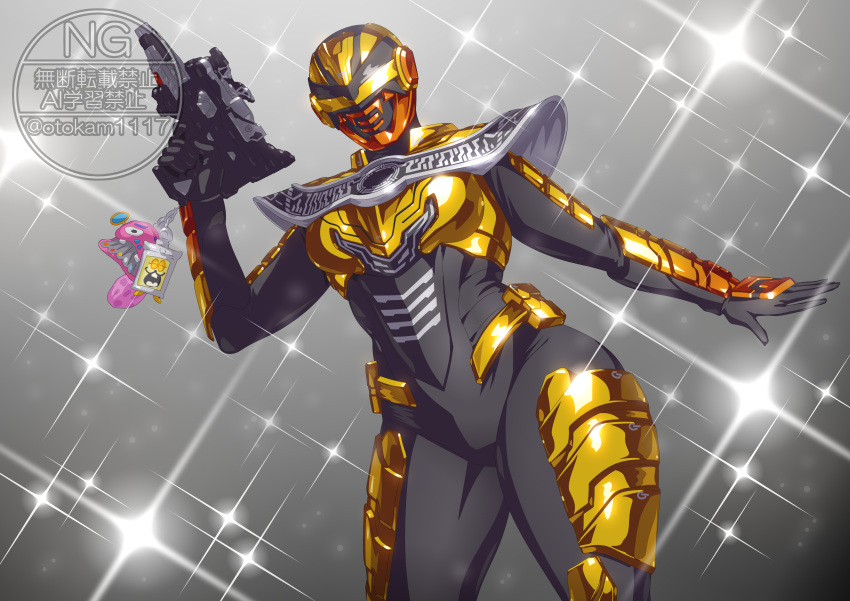 1girl, absurdres, armor, armored_bodysuit, black_bodysuit, bodysuit, breastplate, character_mask, chou_uchuu_keiji_gavan_infinity, combat_helmet, commentary_request, full_armor, gauntlets, gavan_luminous, gavarion_trigger, gold_armor, gold_helmet, gold_trim, gun, helmet, highres, holding, holding_gun, holding_weapon, mask, otokamu, pauldrons, science_fiction, shoulder_armor, solo, tokusatsu, weapon