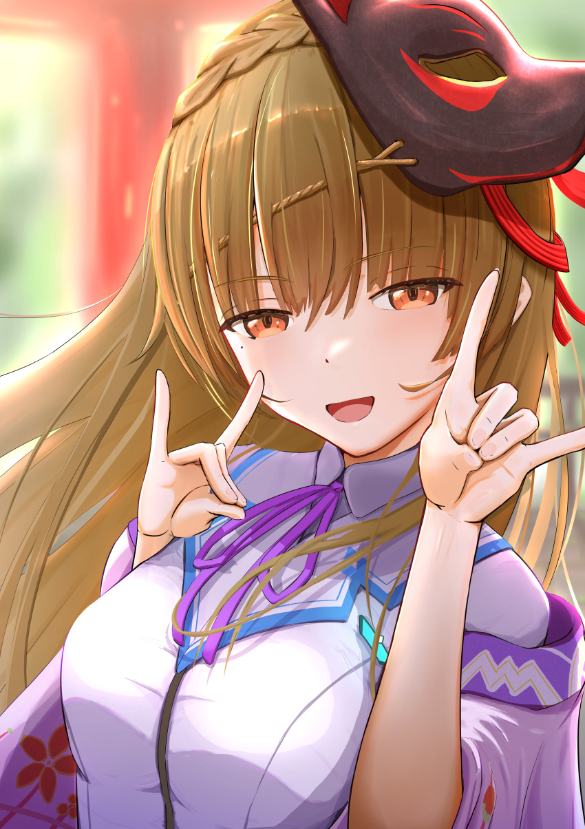 1girl, :d, absurdres, blunt_bangs, blurry, blurry_background, braid, breasts, brown_hair, collared_shirt, commentary, crown_braid, day, double_fox_shadow_puppet, eyes_visible_through_hair, floral_print, fox_mask, fox_shadow_puppet, hair_between_eyes, hands_up, happy, heaven_burns_red, highres, kiryuu_miya, large_breasts, long_hair, looking_at_viewer, mask, mask_on_head, mole, mole_under_eye, open_mouth, outdoors, psy_(artist), purple_ribbon, red_eyes, ribbon, shirt, smile, solo, torii, upper_body, white_shirt