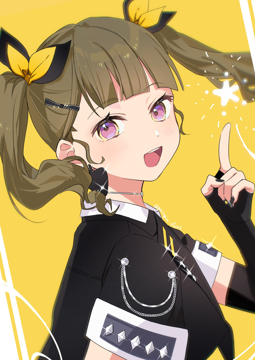 1girl, :d, absurdres, black_gloves, black_jacket, black_ribbon, bow, brown_hair