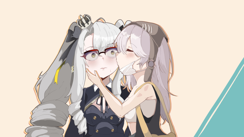 2girls, absurdres, bag, bare_shoulders, blush, closed_eyes, commentary_request, crown