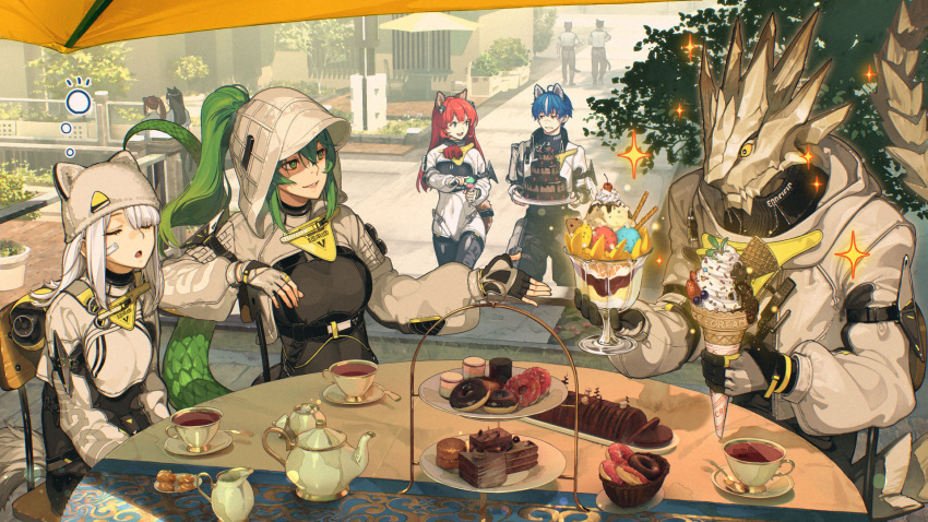3girls, 4boys, akekuri_(arknights), animal_ears, antal_(arknights), arknights, arknights:_endfield, blue_hair