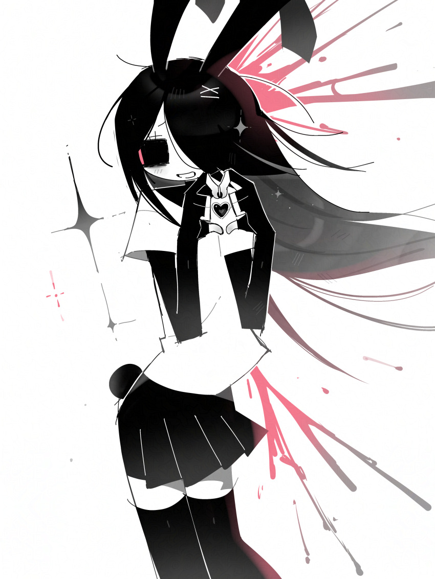 1018sus, 1girl, :d, absurdres, animal_ears, bags_under_eyes, blood, blood_splatter