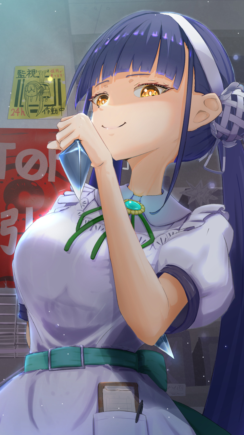 1girl, absurdres, alley, apron, belt, blue_hair, blunt_bangs, breasts, bright_pupils, character_print, chibi, chibi_inset, closed_mouth, commentary, cowboy_shot, eyelashes, frilled_apron, frills, green_belt, green_ribbon, hair_bun, hair_ribbon, hairband, hand_up, heaven_burns_red, highres, holding, holding_kunai, holding_weapon, incoming_attack, indoors, kunai, large_breasts, long_hair, looking_at_viewer, low_twintails, neck_ribbon, ninja, orange_eyes, outdoors, psy_(artist), ribbon, satsuki_mari, sidelocks, smile, solo, split_mouth, tsurime, twintails, very_long_hair, weapon, white_apron, white_hairband, white_pupils, white_ribbon